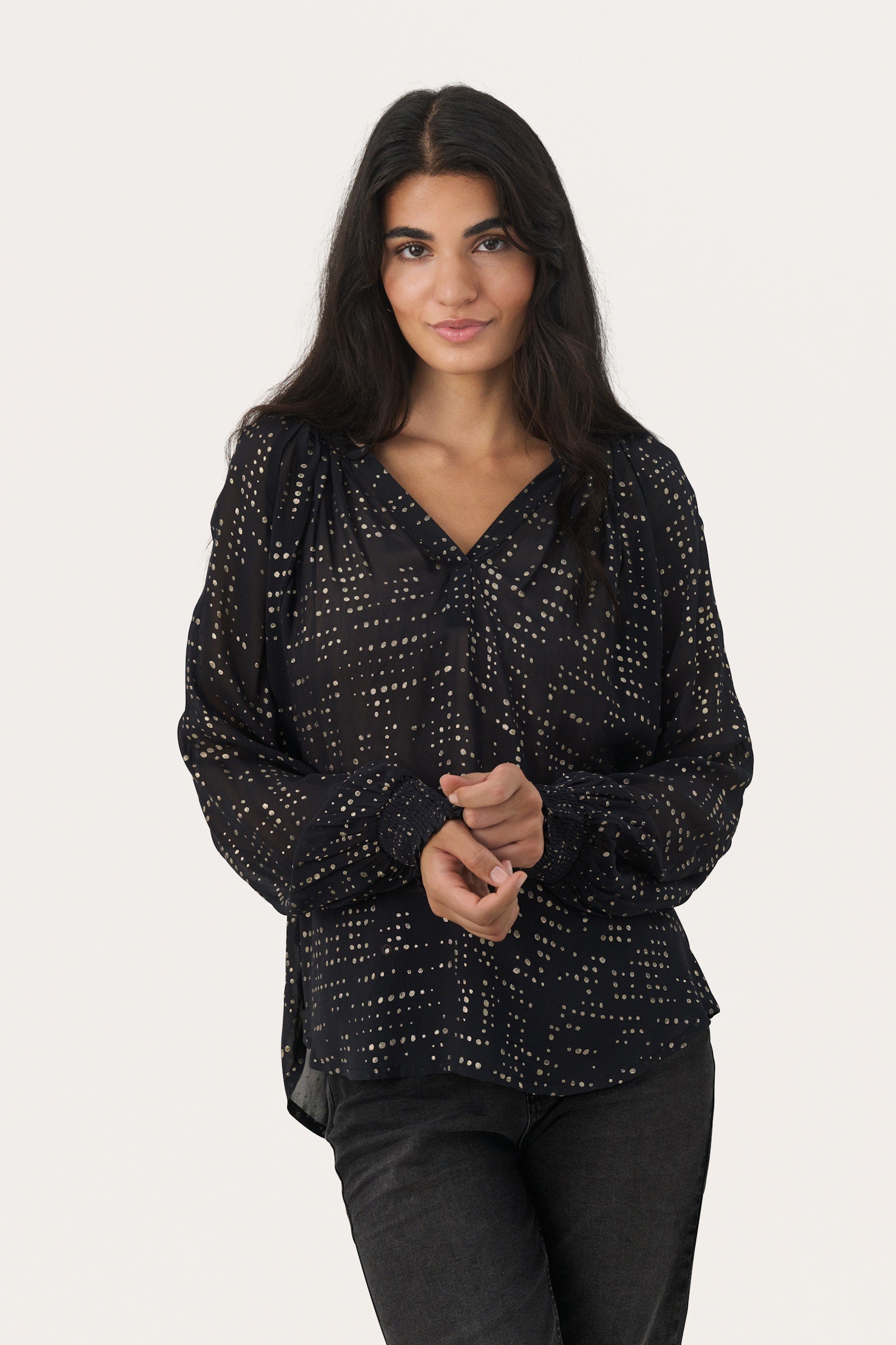 Part Two Tennie Navy-Gold blouse.